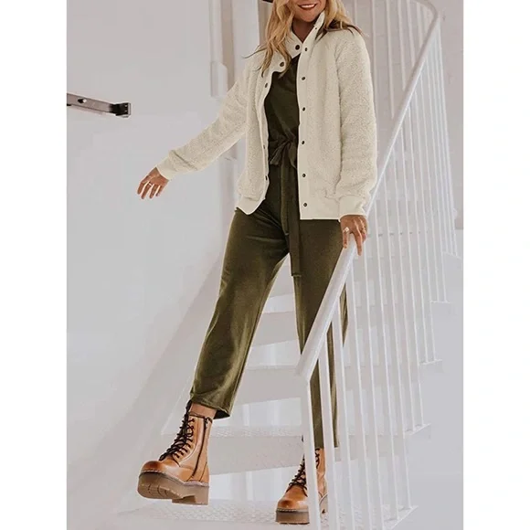 Sherpa Fleece Jacket Warm Long Sleeve Button Down Fuzzy Faux Wool with Pockets S - Picture 4 of 12